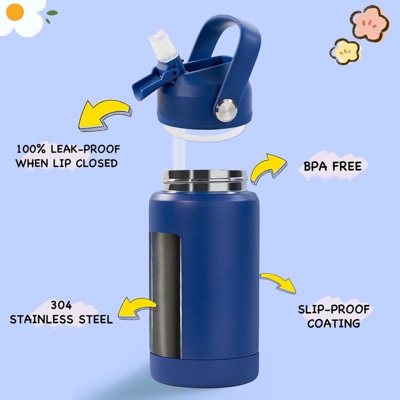 Kerilyn 12oz Kids Water Bottle 2 Pack, Stainless Steel Insulated Water Bottle Bulk, Toddler Cups with Straws Leak-Proof, Kids Water Bottles for School Boys Girls, BPA Free, Blue+Green 2 Piece Set - Image 2